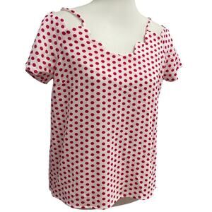 Monteau Los Angeles Womens Large Scalloped Edge Off Shoulder Polka Dot Blouse